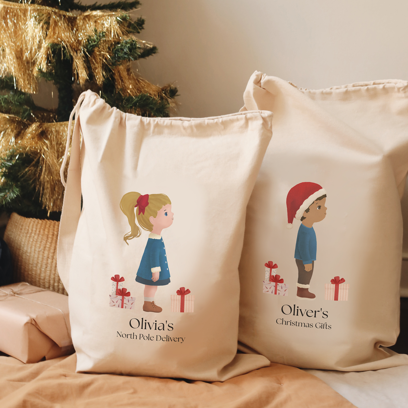 Personalized Santa Sacks With A Custom Illustration Of A Child | EXTRA LARGE Size