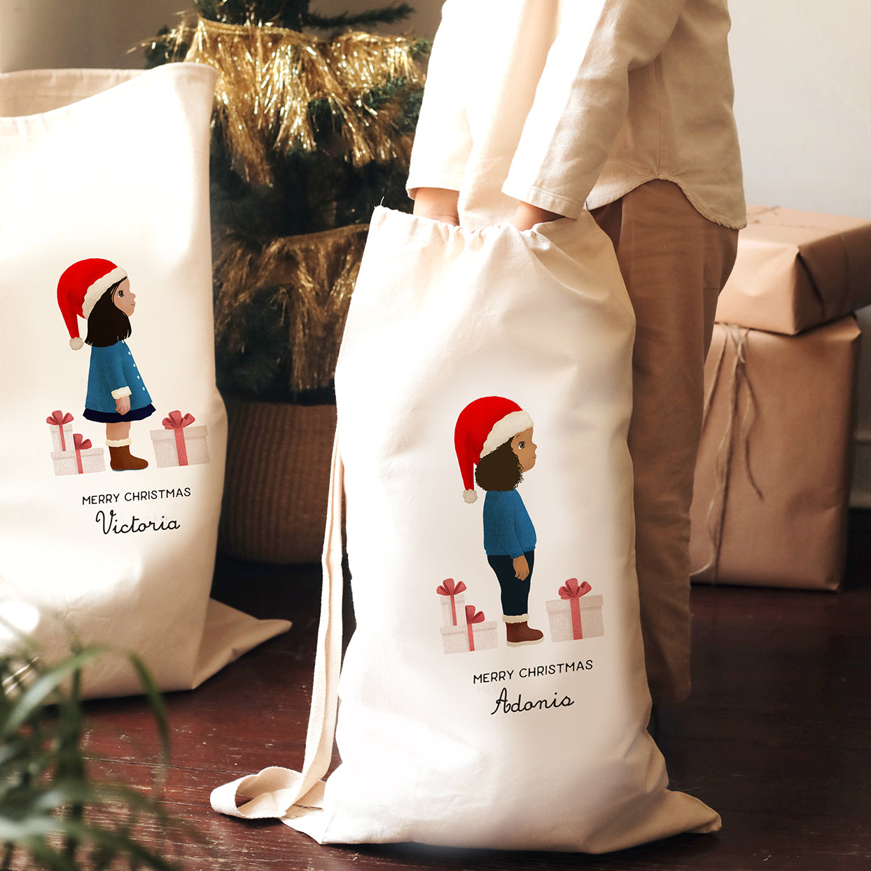 Personalized Santa Sacks With a Custom Illustration of a Child | MEDIUM Size