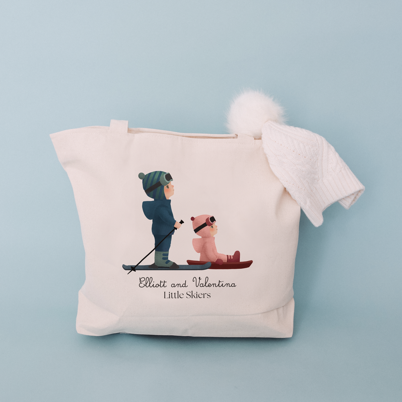 Ski Zippered Tote Bags with a Custom Illustration of Your Child