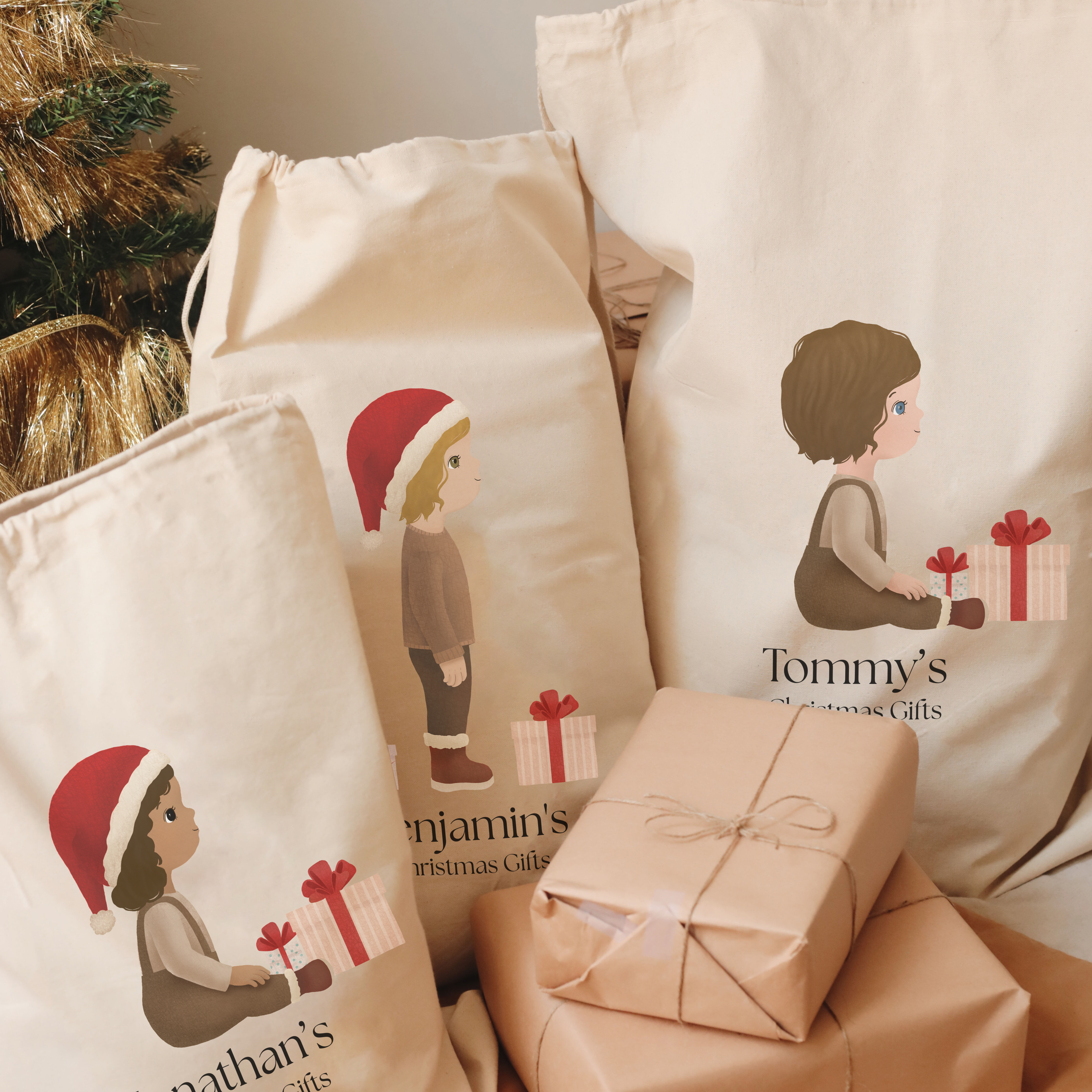 Personalized Santa Sacks With a Custom Illustration of a Child | MEDIUM Size