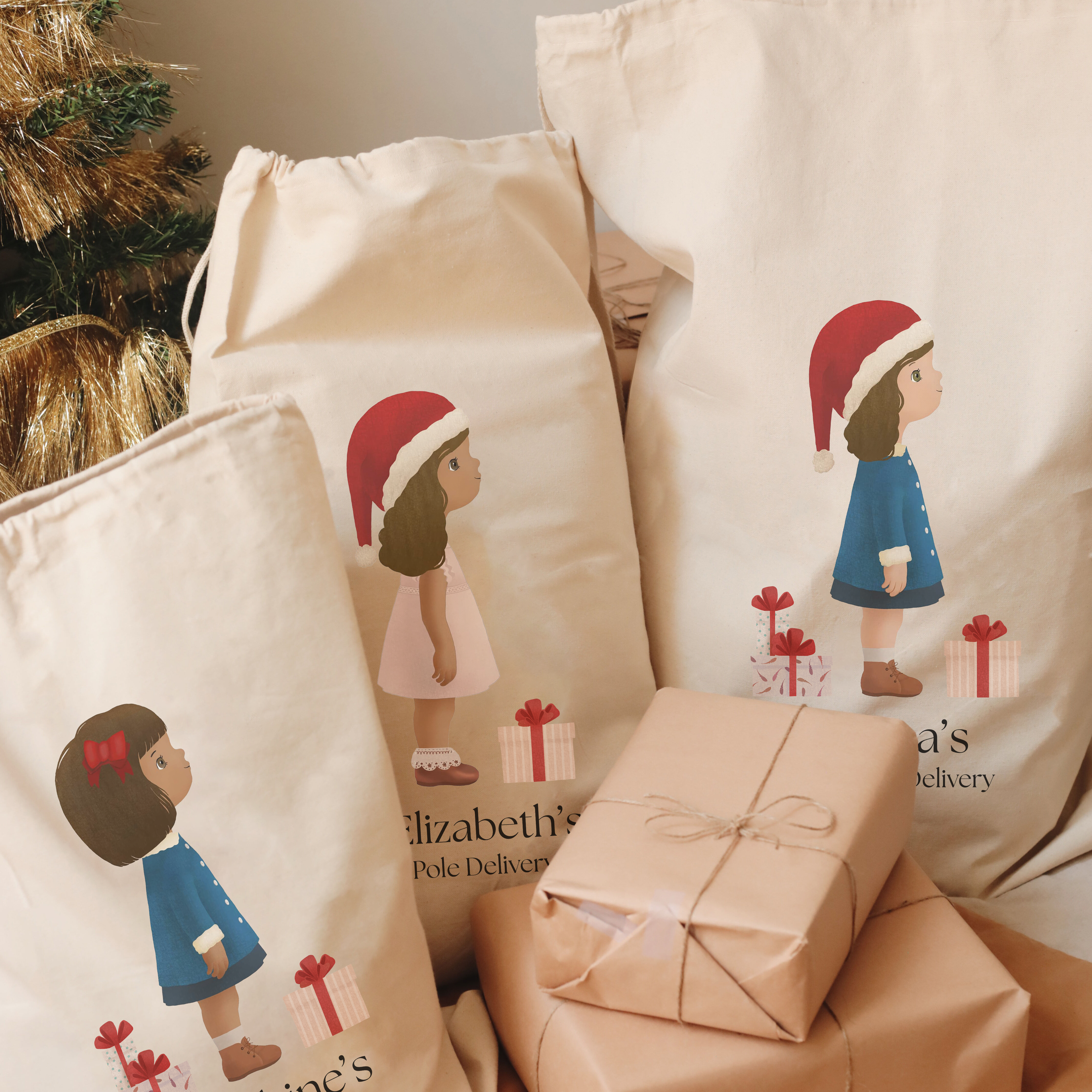 Personalized Santa Sacks With a Custom Illustration of a Child | MEDIUM Size